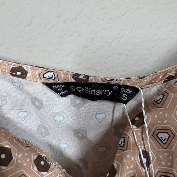 Sollinarry Small Satin Tile Print Cami Top Tan Cowl Neck Spaghetti Straps - Picture 7 of 9